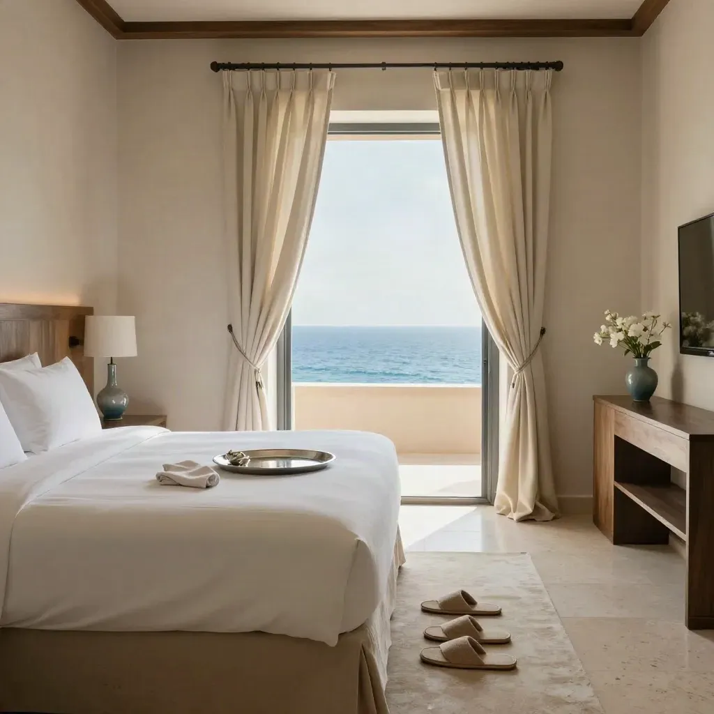 Camera resort con letto impeccabile, colazione pronta e finestra aperta sul mare