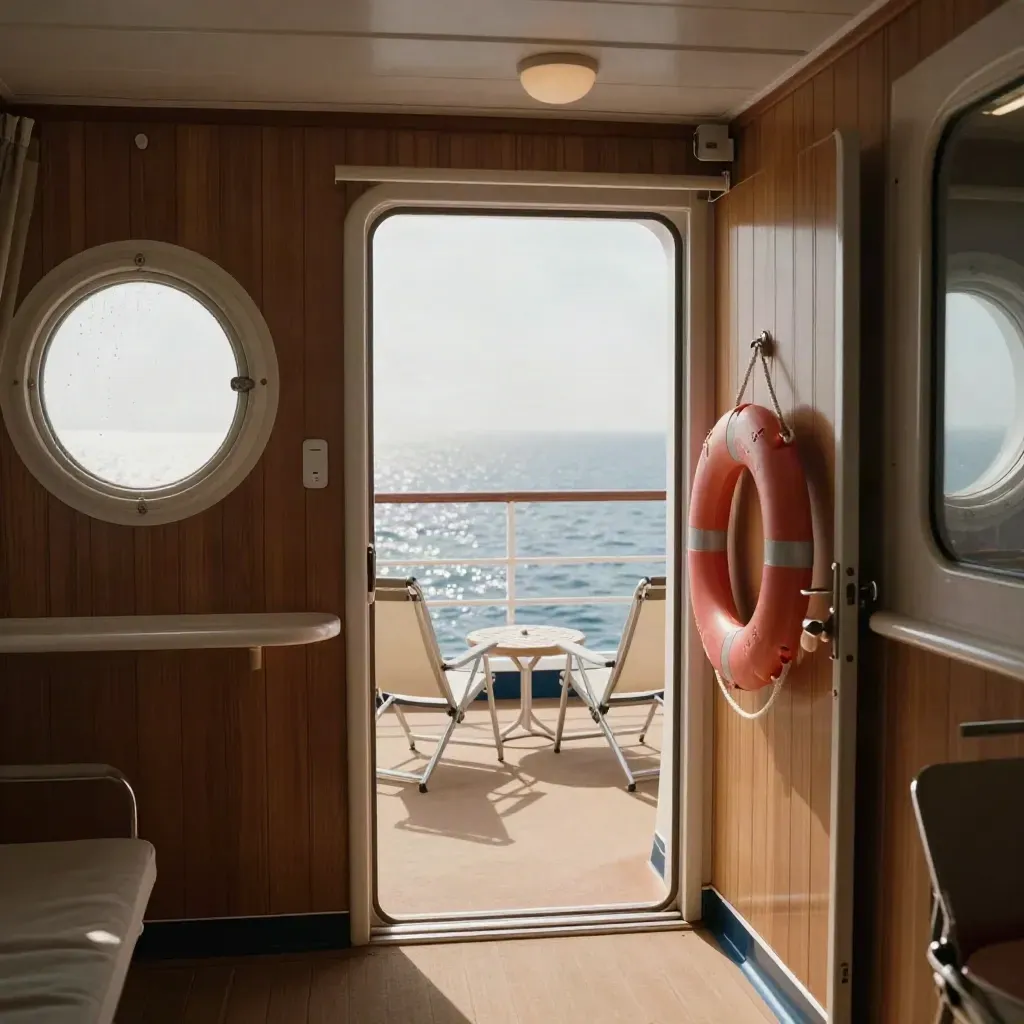 Cabina di crociera con oblò, balcone, sedie pieghevoli e mare in viaggio.