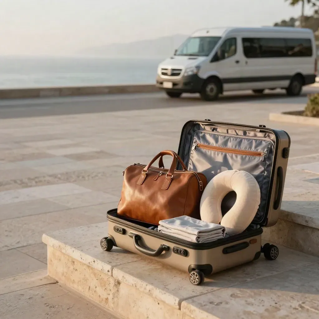 Valigia aperta con accessori da viaggio su terrazza in pietra all’alba, minivan sfocato sullo sfondo.