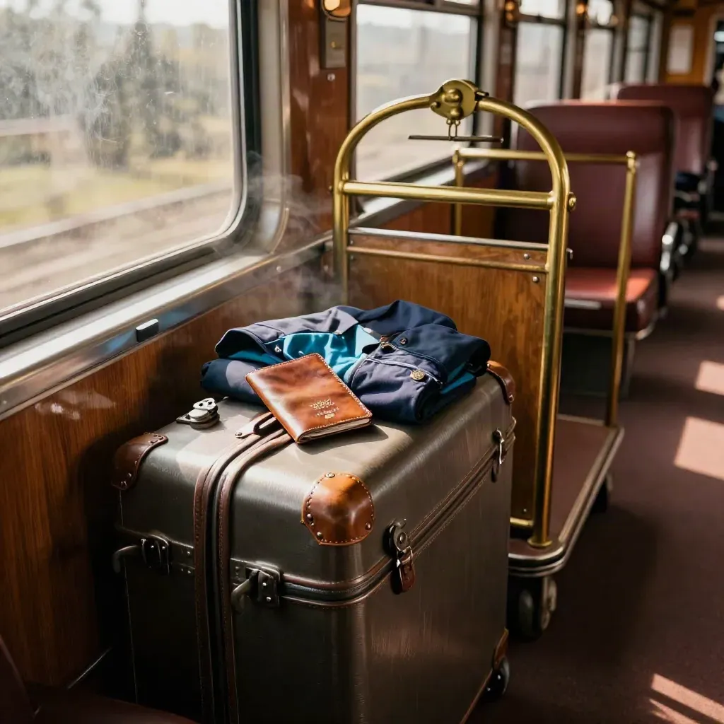 Valigia, porta passaporto e giacca in un salotto di treno pronto alla partenza