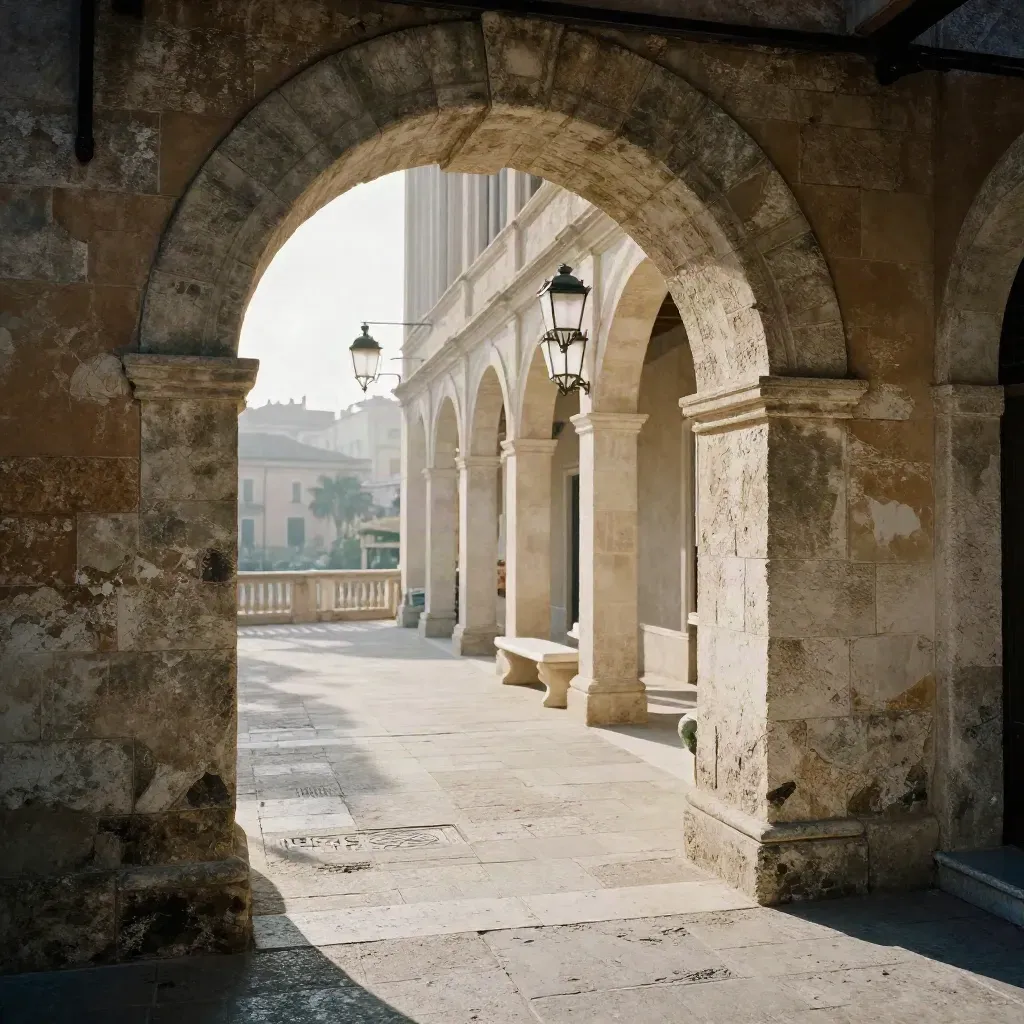 Arco in pietra verso una piazza d’arte con colonnato, lanterne e terrazza assolata.