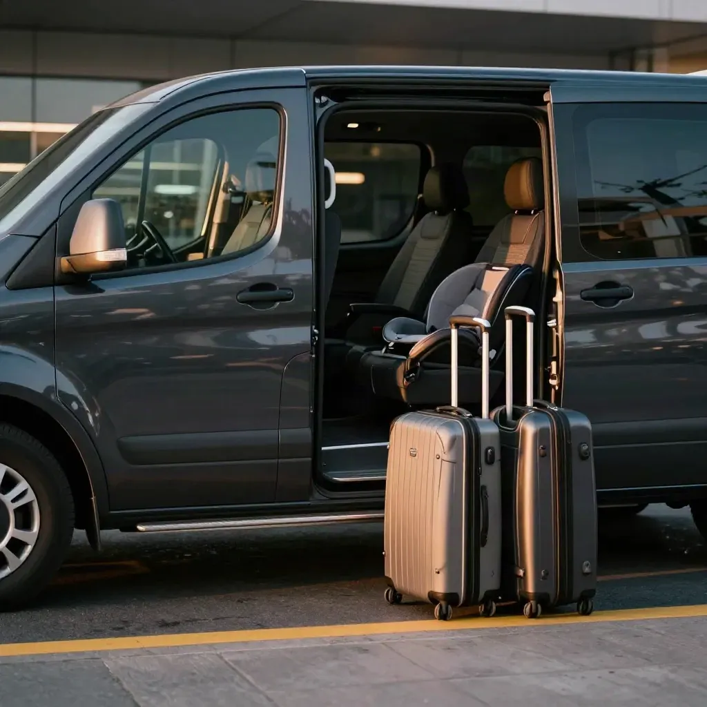 Minivan nero agli arrivi con valigie e seggiolino, luce serale soffusa