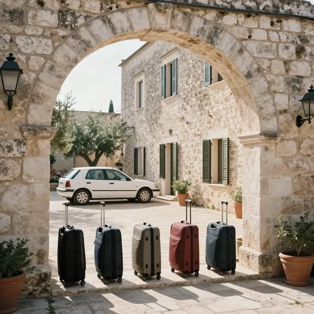 Masseria pugliese pronta all’arrivo, con valigie, auto bianca e finestre aperte nel cortile.