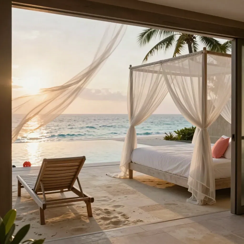 Villa resort a Zanzibar con letto a baldacchino, zanzariera, lettini vuoti e piscina al tramonto.