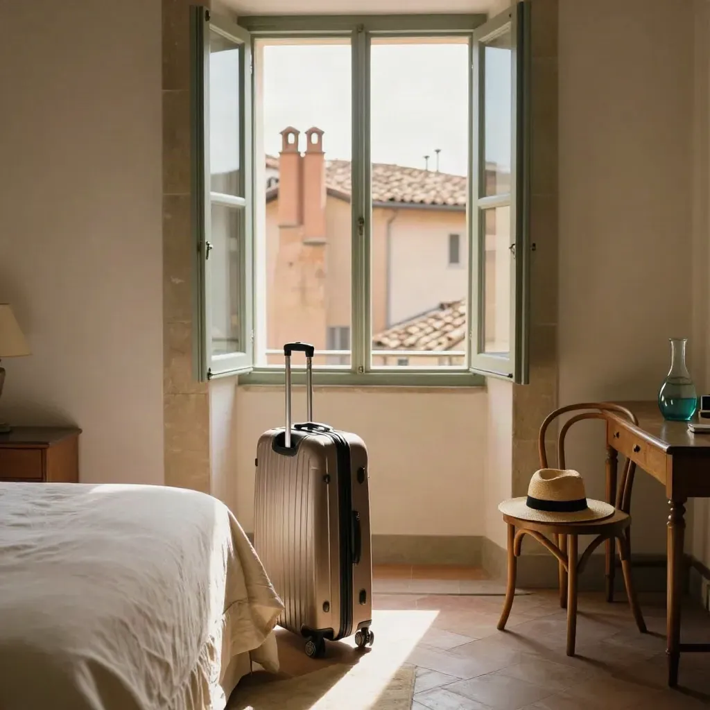 Camera d'albergo a Firenze con valigia sottile, cappello su sedia e finestre aperte sui tetti