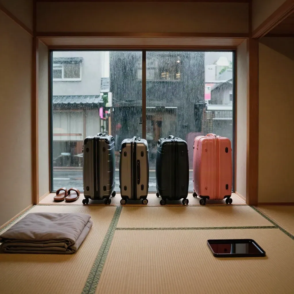 Interno ryokan contemporaneo con valigie, geta di legno e riflessi neon sulla pioggia.