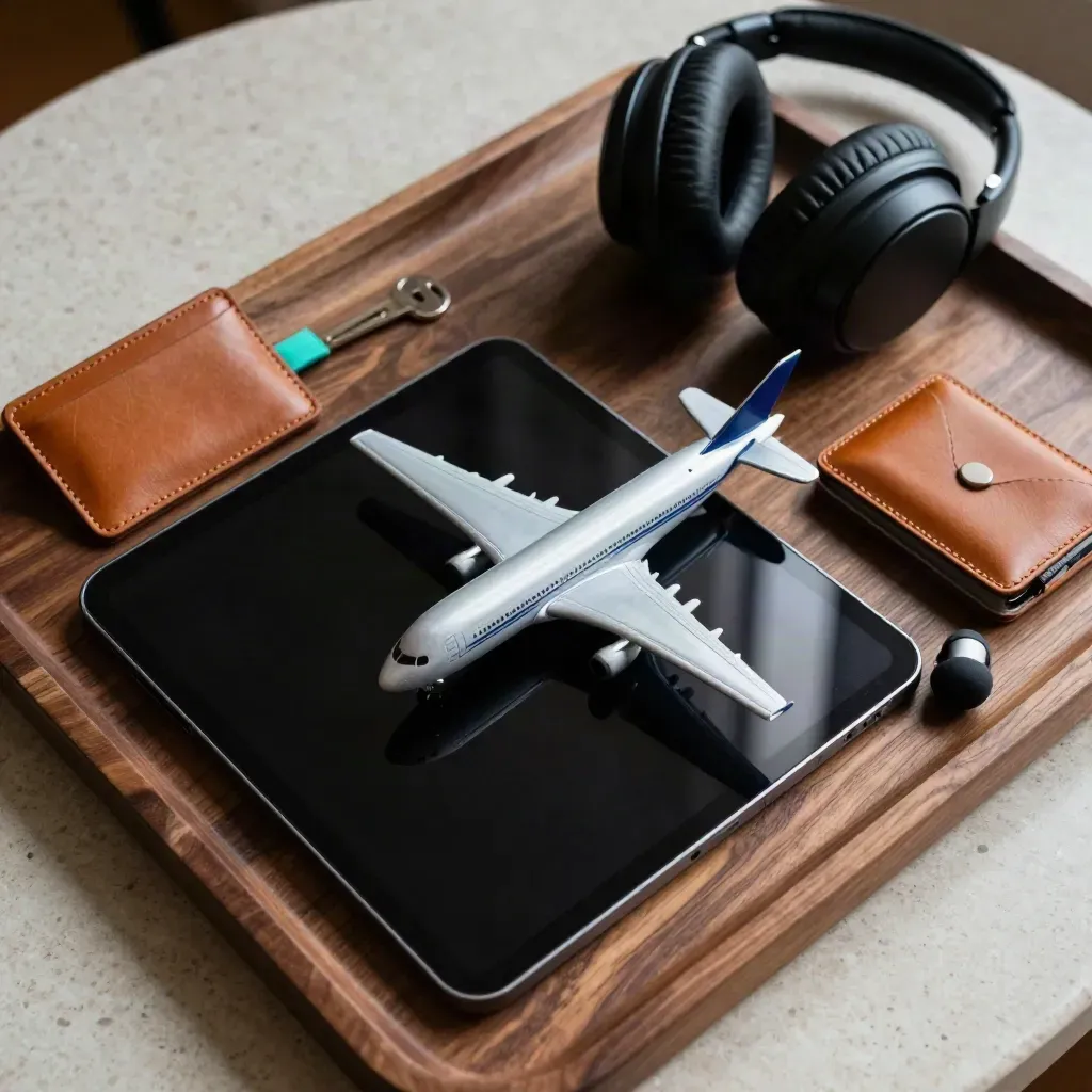 Still life dall’alto con tablet spento, aereo in metallo, cuffie, porta-card e mini trolley