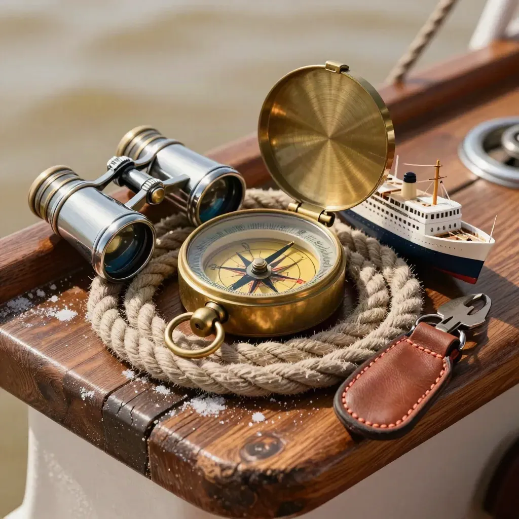 Bussola nautica in ottone, corde, binocolo cromato e fob cabina su teak con luce radente.
