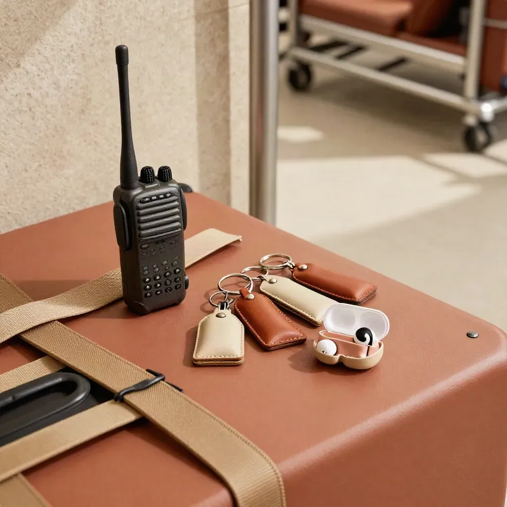 Oggetti operativi per gruppi viaggio: walkie-talkie, portachiavi, cinghie bagaglio e auricolare su pietra.
