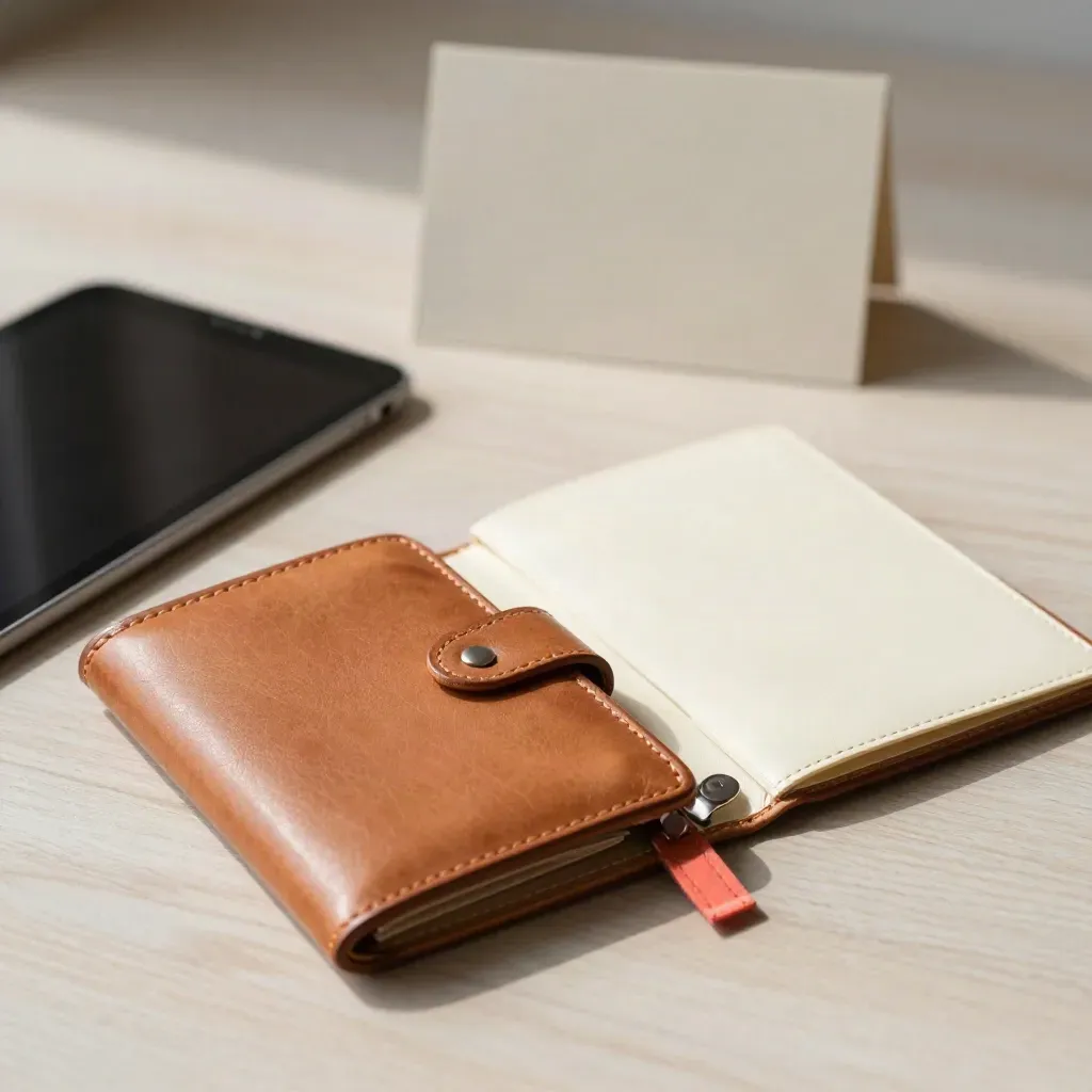 Cartellina in pelle, tablet, buste rigide e clip su legno chiaro, luce morbida.