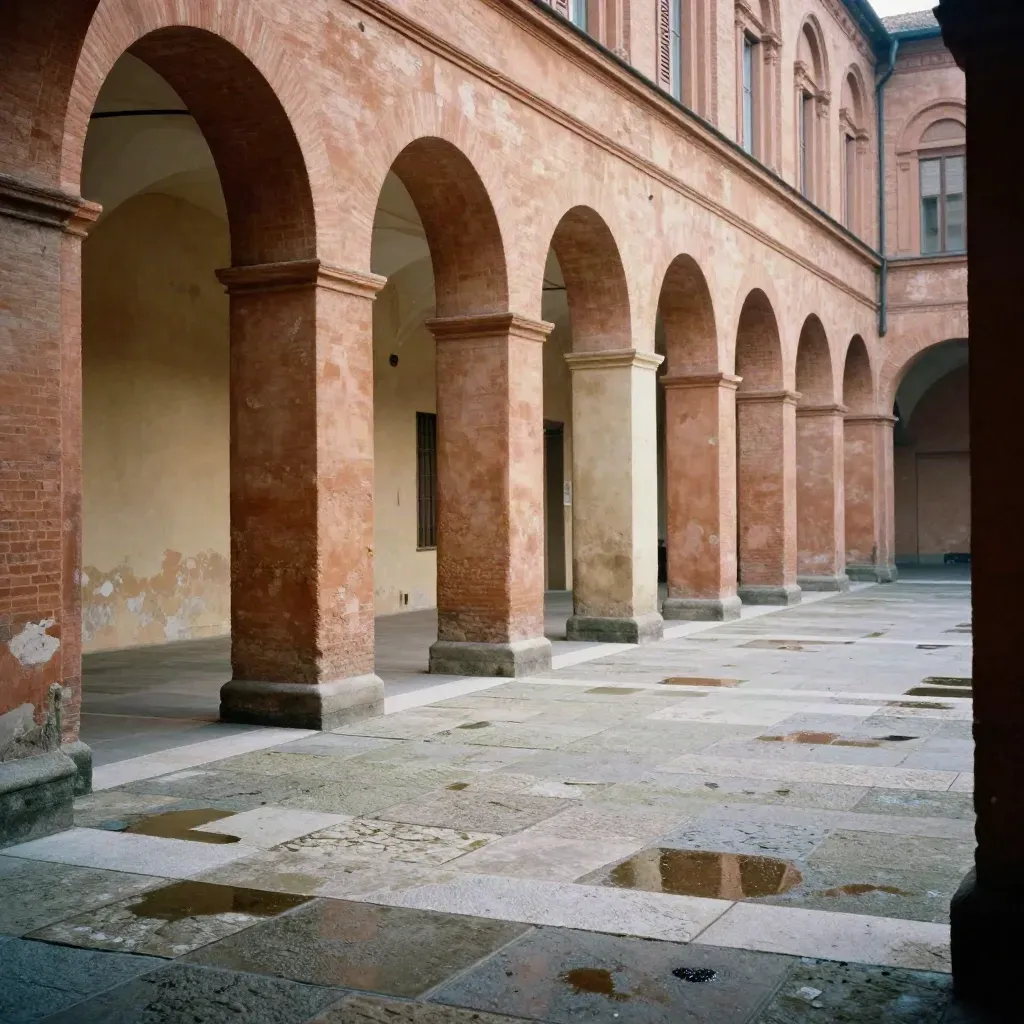 Portici di Bologna bagnati dalla pioggia al tramonto, piazza silenziosa e riflessi caldi.