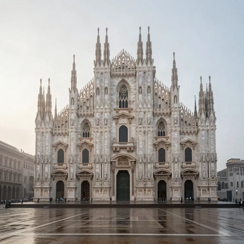 Le guglie del Duomo emergono nella foschia sopra una piazza di pietra chiara, dopo la pioggia