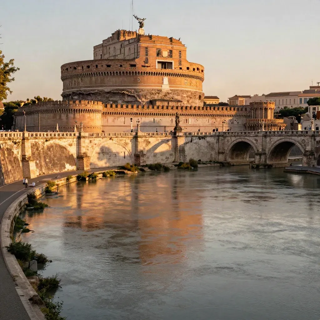 Castel Sant’Angelo e il Tevere al tramonto, con luce dorata e riflessi caldi su Roma.