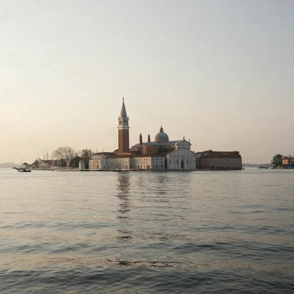 Laguna di Venezia al tramonto con San Giorgio Maggiore, acqua calma e barche in ombra